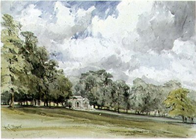 View in Kensington Gardens showing the Temple Cottage by William Callow